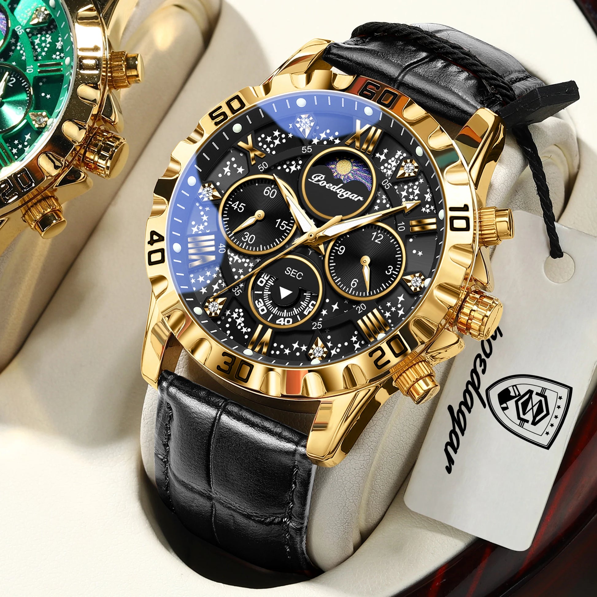 POEDAGAR Top Functional Luxury Man Wristwatch Waterproof Luminous Chronograph Leather Sports Watches For Men Quartz Men's Watch Beauty World Shop