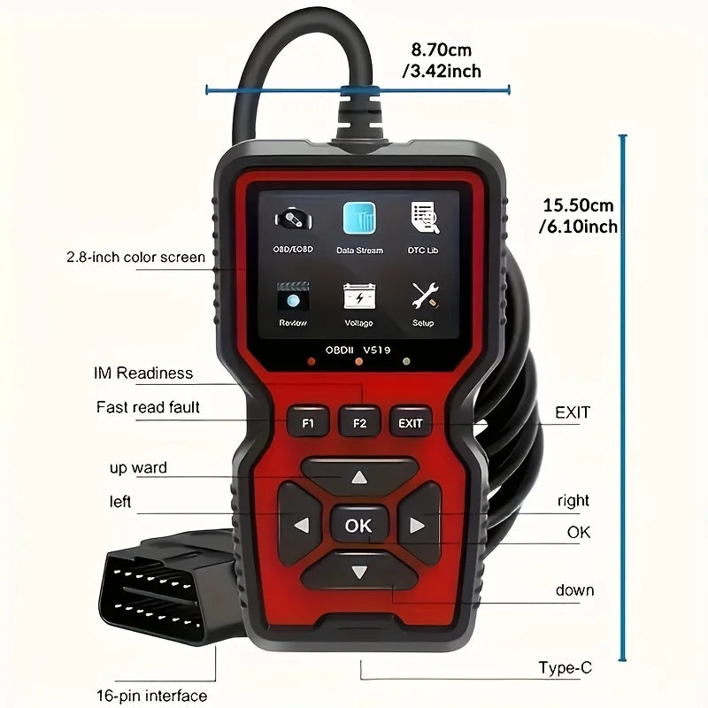 V519 Professional Obd2 Scanner - Usb-Powered Automotive Diagnostic Tool with Real-Time Data Stream, Full-Featured Obd Ii Testing (I/M Ready, Bod2/Eobd), Clears Engine Fault Lights, Reads/Erases Codes for Most Vehicles, Automo Beauty World Shop