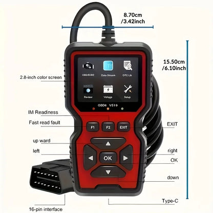 V519 Professional Obd2 Scanner - Usb-Powered Automotive Diagnostic Tool with Real-Time Data Stream, Full-Featured Obd Ii Testing (I/M Ready, Bod2/Eobd), Clears Engine Fault Lights, Reads/Erases Codes for Most Vehicles, Automo Beauty World Shop
