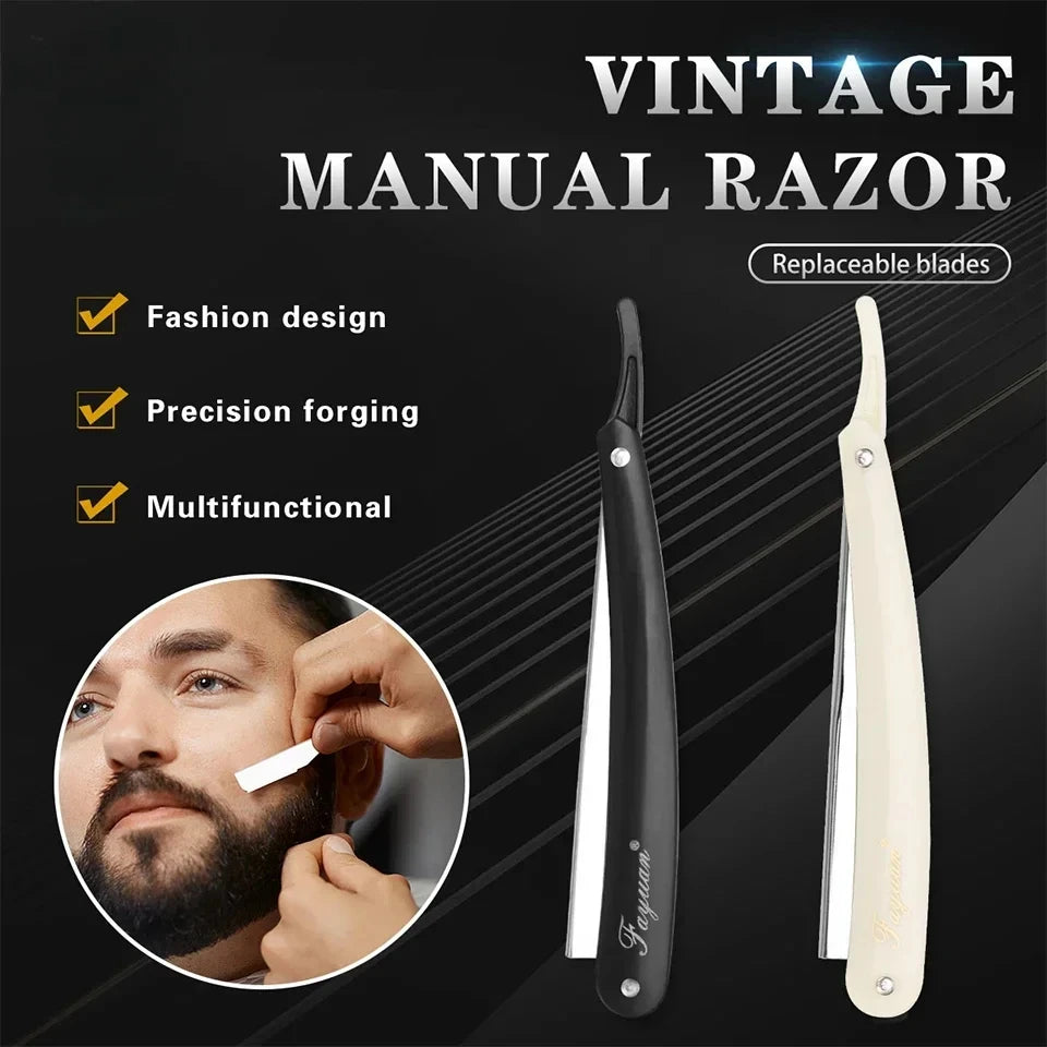 Professional Manual Shaver Straight Edge Stainless Steel Sharp Barber Razor Folding Shaving Beard Cutter with 1/10/20 pcs Blades Beauty World Shop