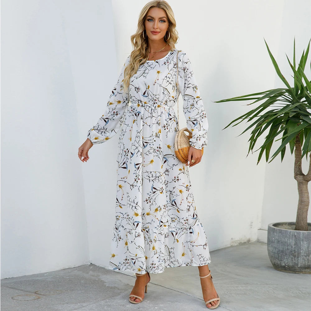2023 Sping Summer Bohemian Women Maxi Dress Casual Long Sleeve High Waist Beach Woman Chiffon Dresses Floral Vestidoes Mujer New Beauty World Shop