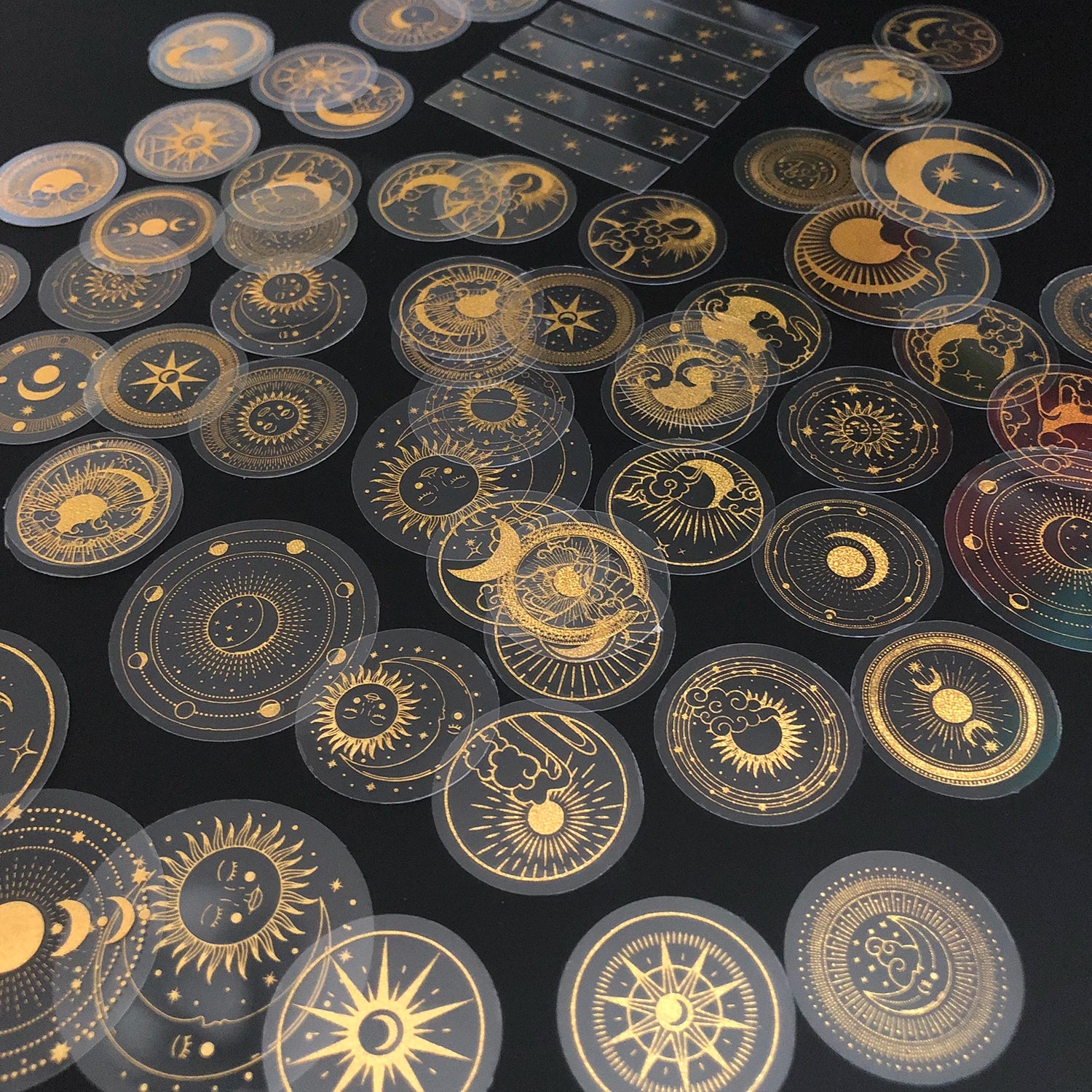 70 pcs Glitter Gold PET Adhesive Stickers Waterproof Transparent Label: SUN MOON Stars Etc Beauty World Shop