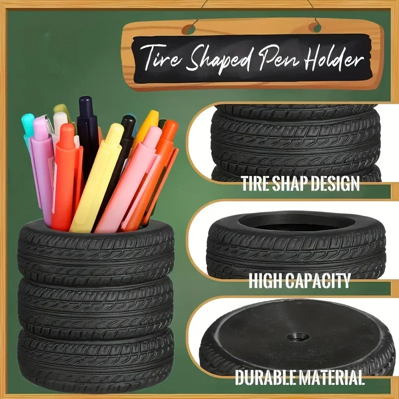 1pcs Fun Tire-Shaped Pen Holder -PVC Desk Organizer, Ideal for School and Office Supplies, Painted Finish, Office Supplies Beauty World Shop