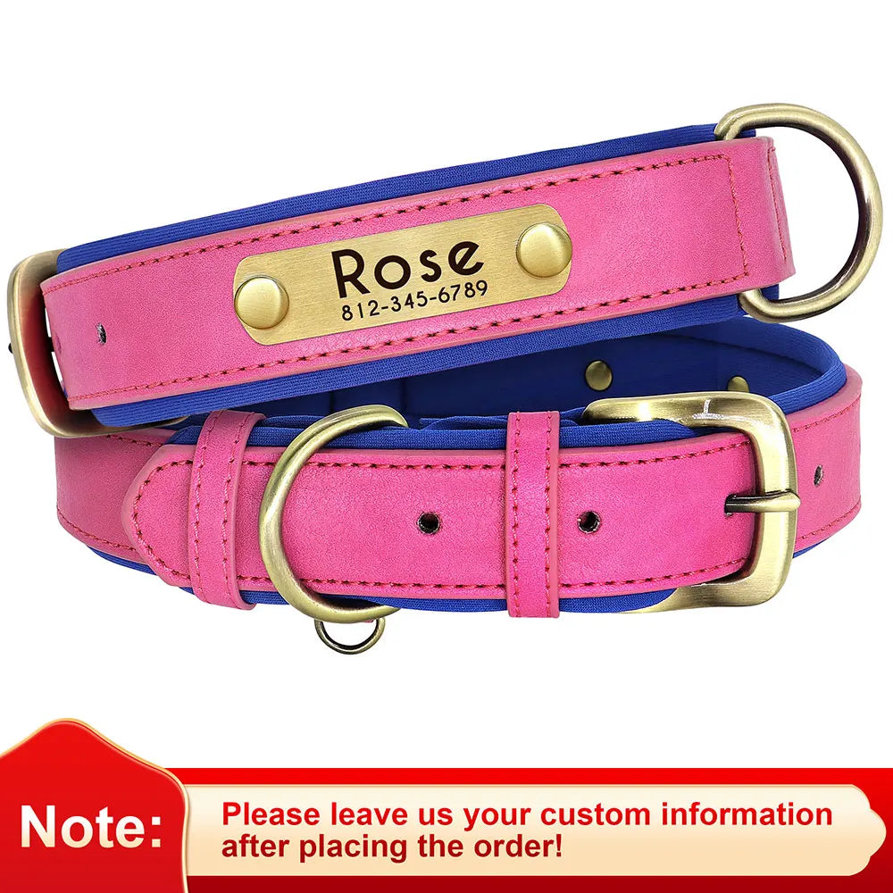 Customized PU Leather Nameplate Dog Collar Soft Padded Dogs Collars Free Engraving Name for Small Medium Large Dogs Adjustable Beauty World Shop