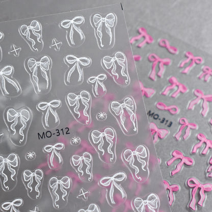 Bowknot Nail Stickers 3D Relief White Ribbon Cute Sweet Pink Self-Adhesive Nail Art Decoration Decals For Nail Tips Manicures Beauty World Shop