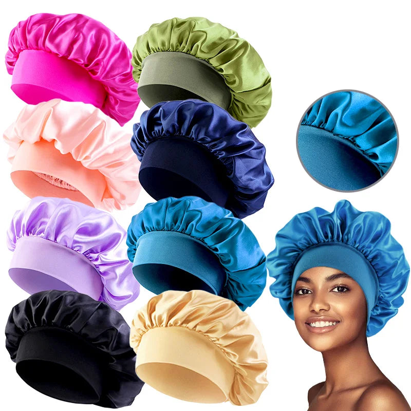 New Women's Satin Solid Wide-brimmed Sleeping Hat Unisex Head Wrap Elastic Band Cap Hair Care Bonnet Night Hat bonnet de nuit Beauty Fashion