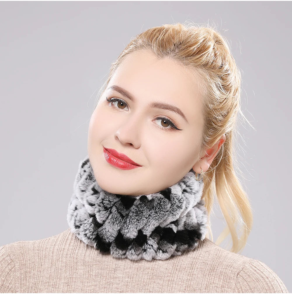 Women Handmade Stretch 100% Real Rabbit Fur Scarf Knit Genuine Rex Rabbit Fur Headbands Girls Natural Rabbit Fur Ring Scarves Beauty World Shop