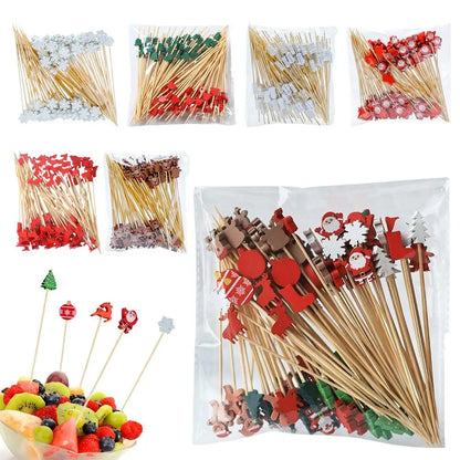 100Pcs Christmas Bamboo Skewer Cocktail Picks Cupcake Topper Disposable Food Dessert Toothpicks Fruit Sticks Party Supplies Beauty Trend Shop