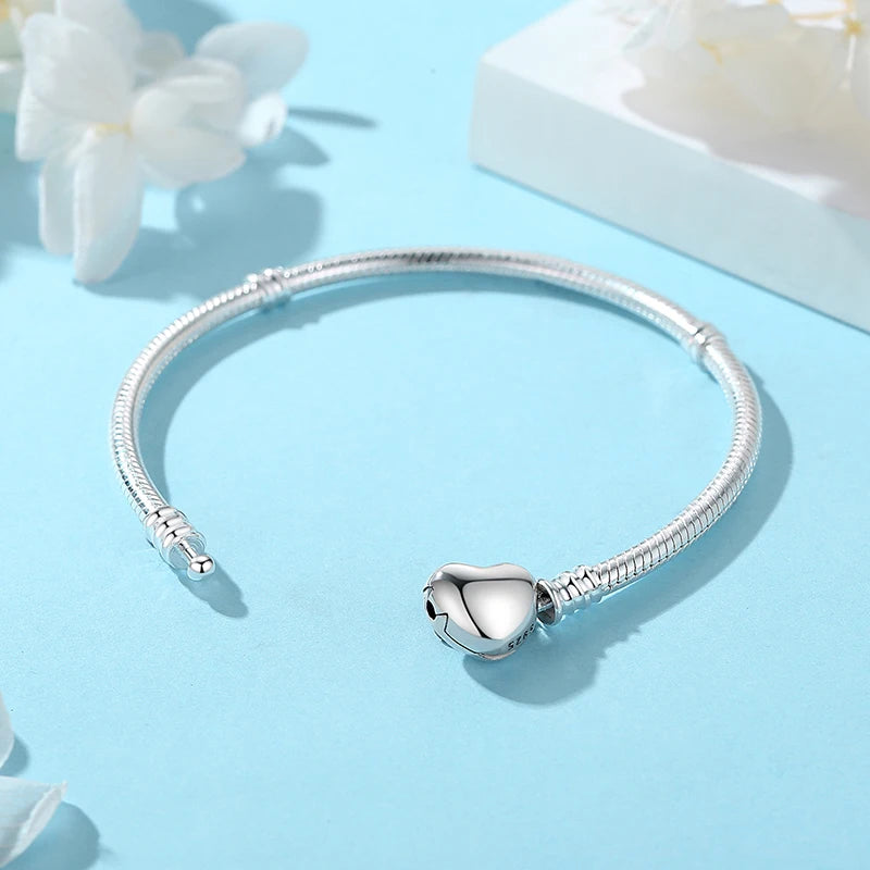 Original 925 Sterling Silver Bracelets Bangles Love Heart Clip Charms Beads Snake Chains For Women Rose Gold DIY Luxury Jewelry Beauty World Shop