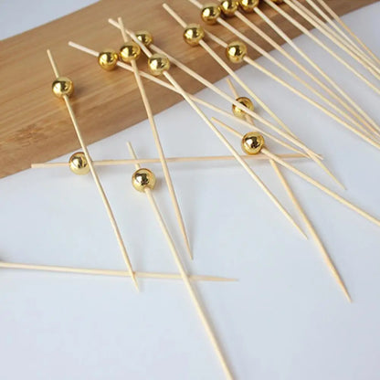 200/100/25Pcs Gold Pearl Cocktail Picks Food Fruit Picks Wedding Party Disposable Cake Dessert Cocktail Sticks Toothpick Skewer Beauty Trend Shop