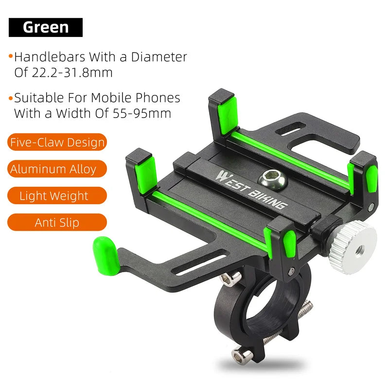 WEST BIKING Bicycle Mobile Phone Holder 360° Rotatable  Aluminum Alloy Phone Holder Five Claws Adjustable MTB Road Bike Bracket Beauty World Shop