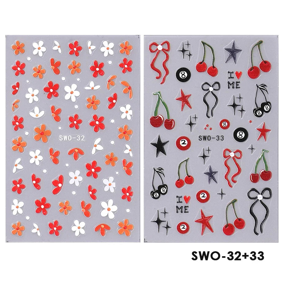 2pcs Sweet Element Nail Art Stickers Simple Flower Heart Cherry Strawberry Kawaii Decals Colorful Bow Butterfly Manicure Sliders Beauty World Shop