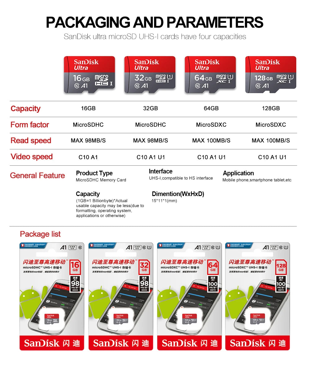 Original Sandisk Memory Card 256GB 128GB 64GB 32GB TF micro sd card Class 10 UHS-1 flash card Memory Microsd for Samrtphone PC Beauty World Shop