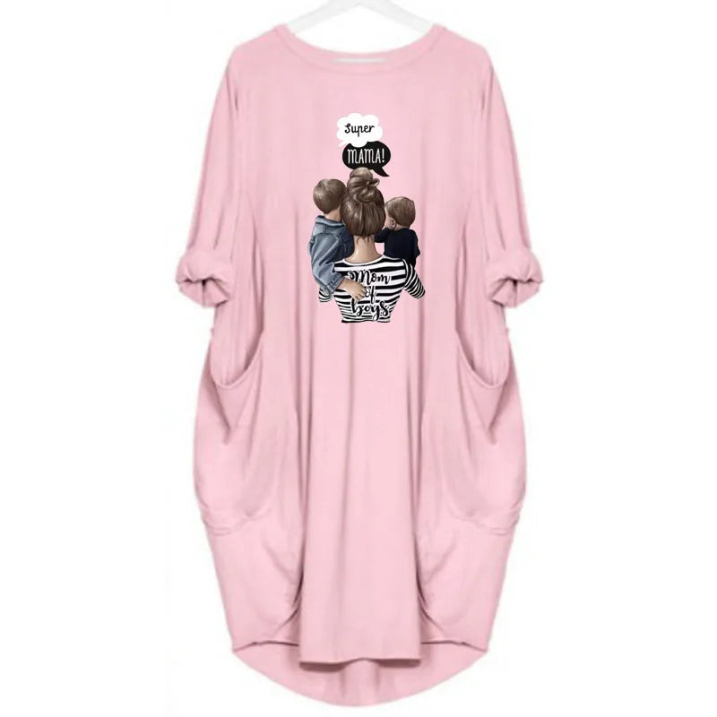 Women's Loose  Long Sleeved Summer Plus Size Dress Autumn  Winter Casual Round Neck Solid Color Long Sleeve Pocket Loose Pullove Beauty World Shop