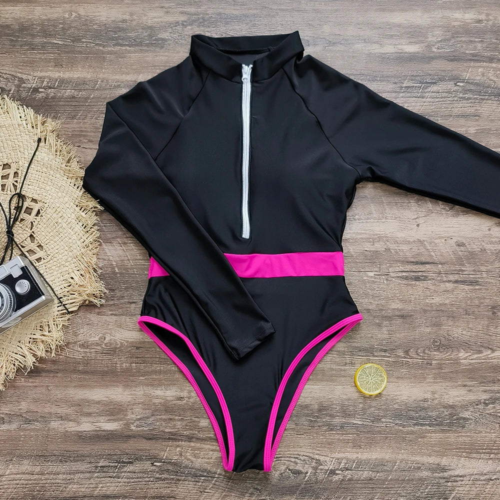2026 Surfing Sport Swimsuit Long Sleeves Women One Piece Swimsuit  Swimwear Solid Monokini Bathing Suit Tropical Bodysuit Female Beauty World Shop