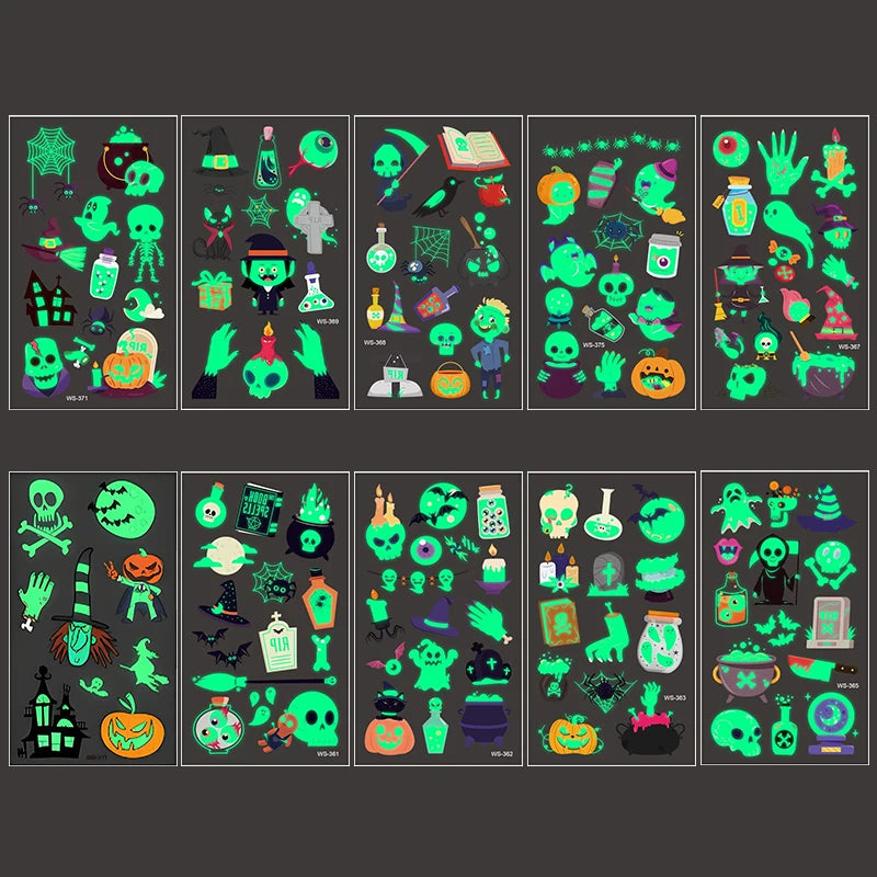 10Sheets Halloween Luminous Tattoo Stickers Ghost Pumpkin Kids Adults Halloween Party Decoration Glow In The Dark Supplies Gifts Beauty World Shop
