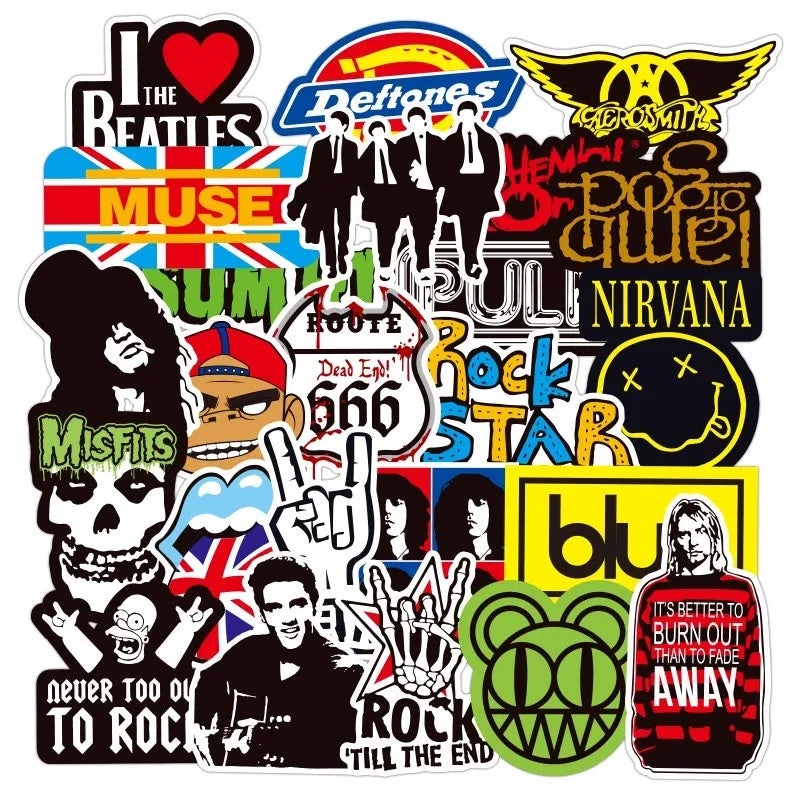 100 Rock And Roll Music Band Stickers Punk Graffiti Stickers For Laptop Guitar Helmet Luggage Decal Golden Memory Stickers Store Beauty World Shop