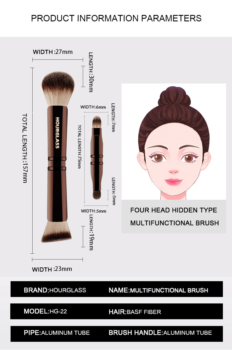 Hourglass Makeup Brush- No.24 Four-Head Multifunctional Brush Loose Powder Foundation Concealer Eyeshadow Concealed Makeup Brush