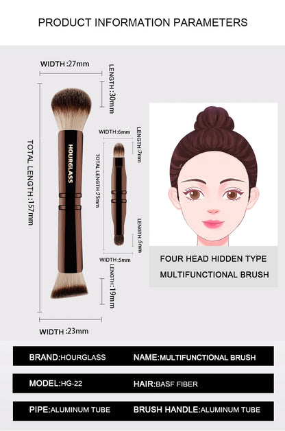 Hourglass Makeup Brush- No.24 Four-Head Multifunctional Brush Loose Powder Foundation Concealer Eyeshadow Concealed Makeup Brush