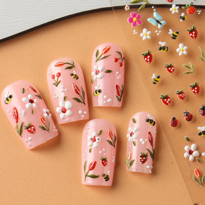 5D Embossed Kawaii Ladybug Sliders Spring White Daisy Flowers Nail Stickers DIY Simple Petals Wedding Nails Decals Accesories Beauty World Shop