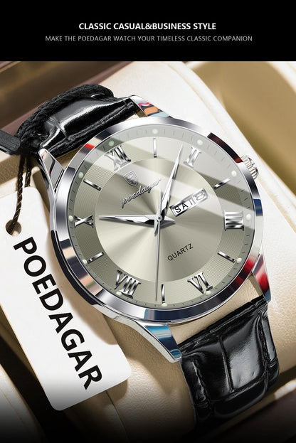 POEDAGAR Business Brand Men Clock Waterproof Luminous Date Week Fashion Man Wristwatch Leather Luxury Men's Quartz Watches Reloj Beauty World Shop