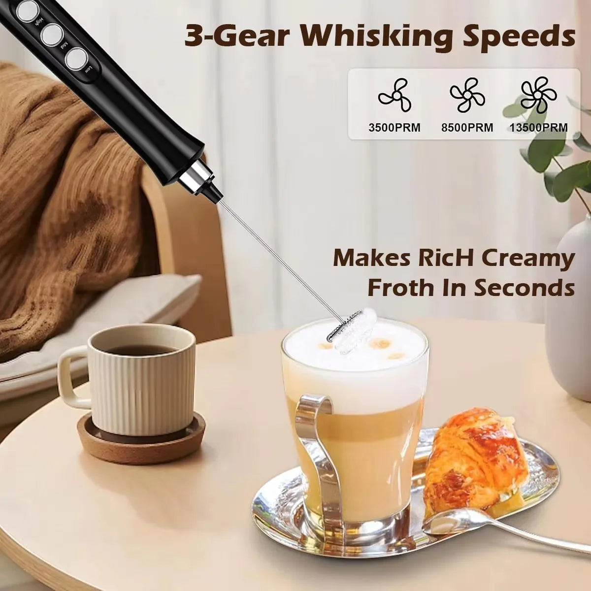 Wireless Rechargeable Electric Milk Frother - 3 Speeds, Handheld Foam Maker for Latte, Cappuccino, Hot Chocolate - USB Rechargea Beauty World Shop