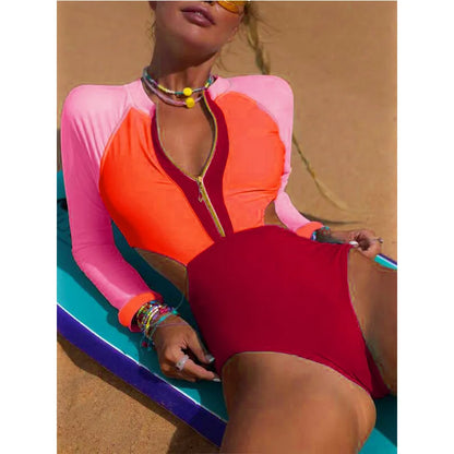 New Patchwork One-Piece Swimsuit Long Sleeve Swimwear Sports Backless Women's Swimming Bathing Suit Beach Wear Bather Surfing Beauty World Shop