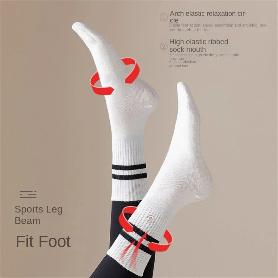 1 pair of women's yoga socks, skipping rope sports socks, Pilates indoor anti slip floor socks, double bar mid leg socks Beauty World Shop