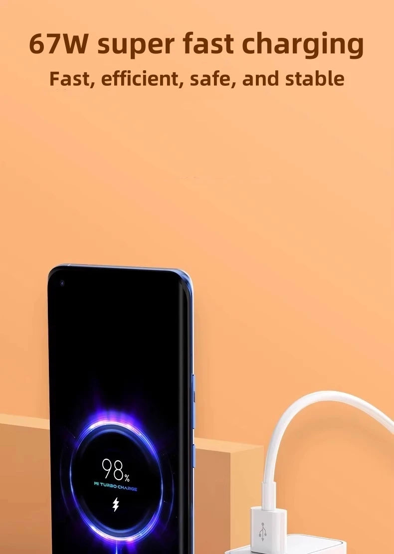 67W USB Fast Charger for xiaomi 14 13 12 11 10 Ultra Note 12T 13 Pro Turbo Quick Charge Type C USB Charging Cable Beauty World Shop