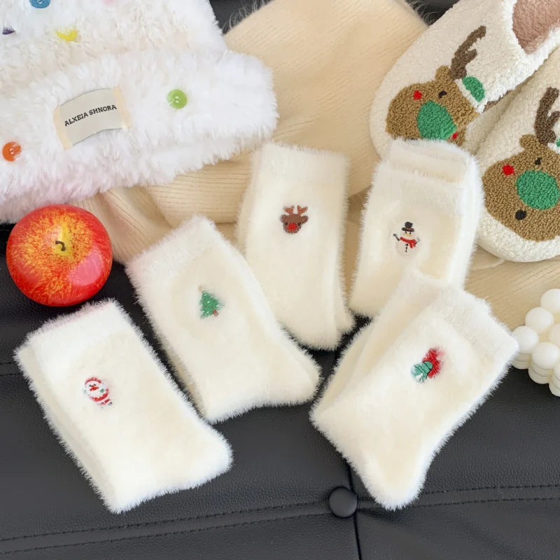 Autumn And Winter Socks, White Mink Fur Christmas Socks, Snowman Santa Claus Christmas Tree Elements, Thickened Warm Socks Beauty World Shop