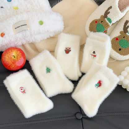 Autumn And Winter Socks, White Mink Fur Christmas Socks, Snowman Santa Claus Christmas Tree Elements, Thickened Warm Socks Beauty World Shop