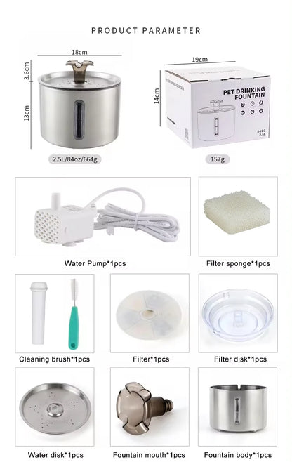 2.5L Stainless Steel Automatic Cat Water Fountain Auto Power-off Fountain With LED Light Non-slip Mat Dog Water Dispenser