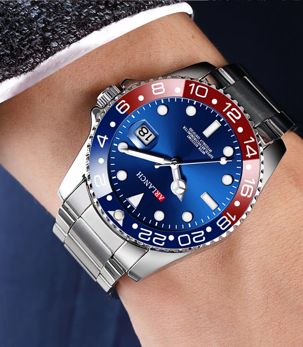 Business Stainless Steel Watch 40mm Classic Red Blue Circle Diving Series Magnifying Glass Calendar Quartz Watches montre homme Beauty World Shop