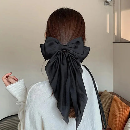 Korean Accessories Hair Clips for Women Girls Big Bowknot Solid Satin Long Ribbon Bows Spring Clamp Barette Cheveux Femme 2023 Beauty World Shop