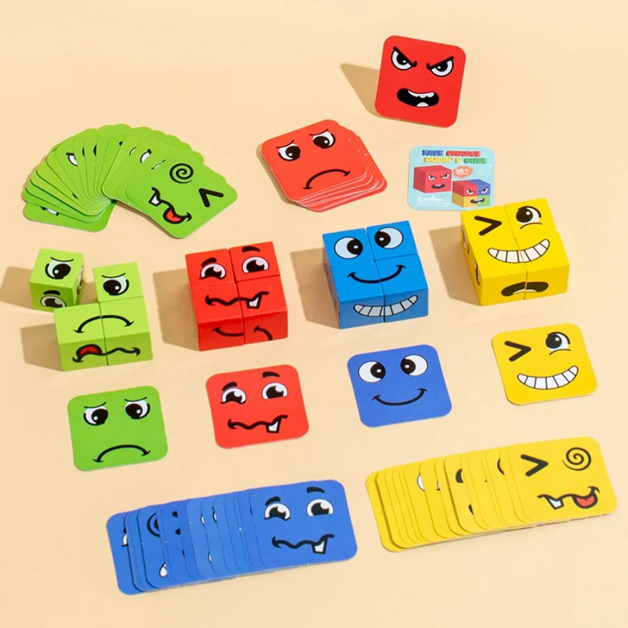 Kids Emotions Expression Game Wooden Cube Face Changing Board Cartoon Puzzle Toy Montessori Thinking Challenge Games Beauty Fashion