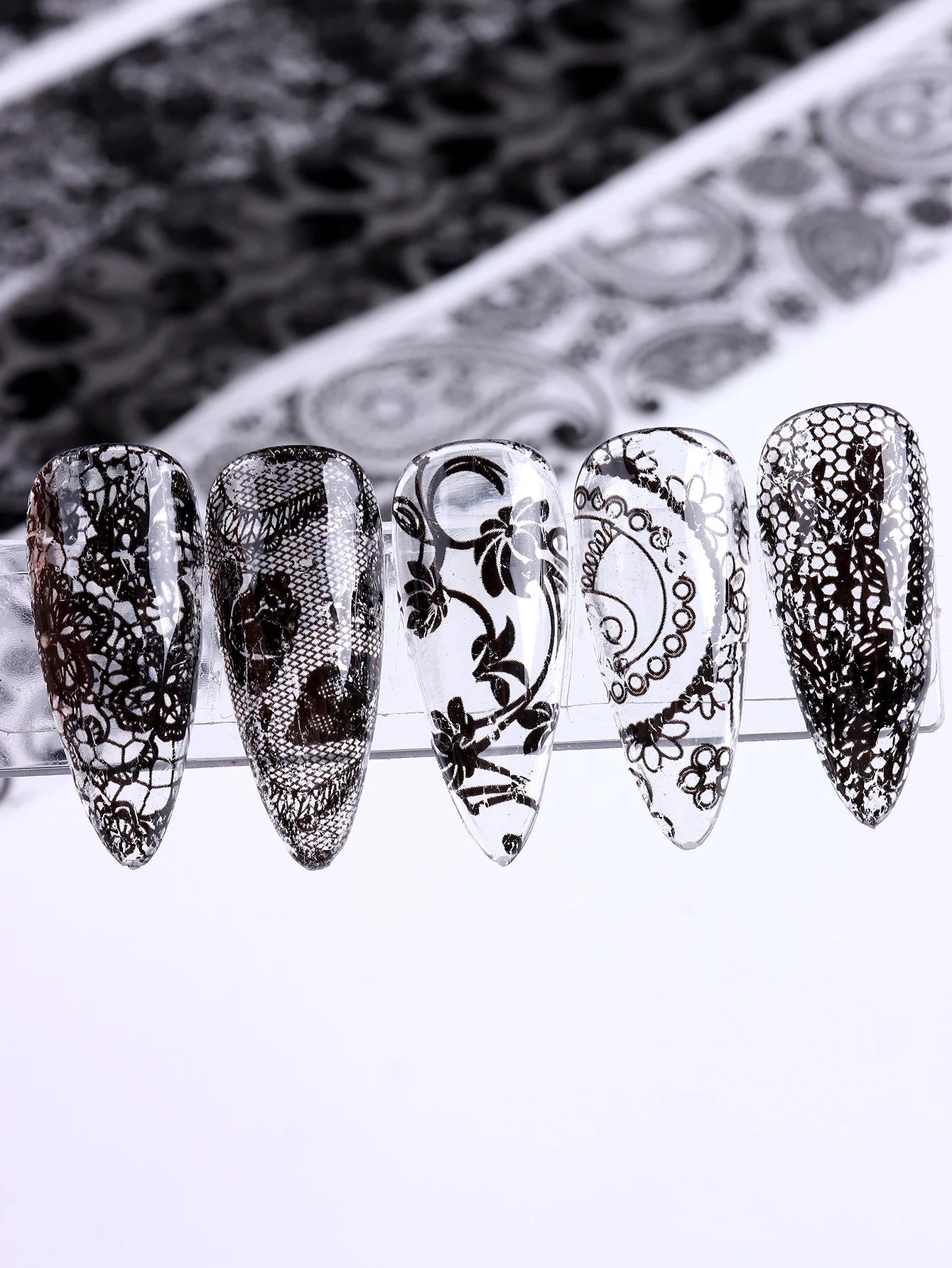 10 Sheets Lace Nail Foil White & Black Nail Stickers Design Transfer Foils Starry Sky Paper Nail Art Foil Decals for Nails Salon Beauty World Shop