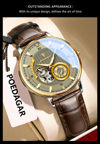 POEDAGAR Fashion Business Men Watch Waterproof Luminous Hollow Tourbillon Male Clock Automatic Mechanical Leather Men's Watches Beauty World Shop