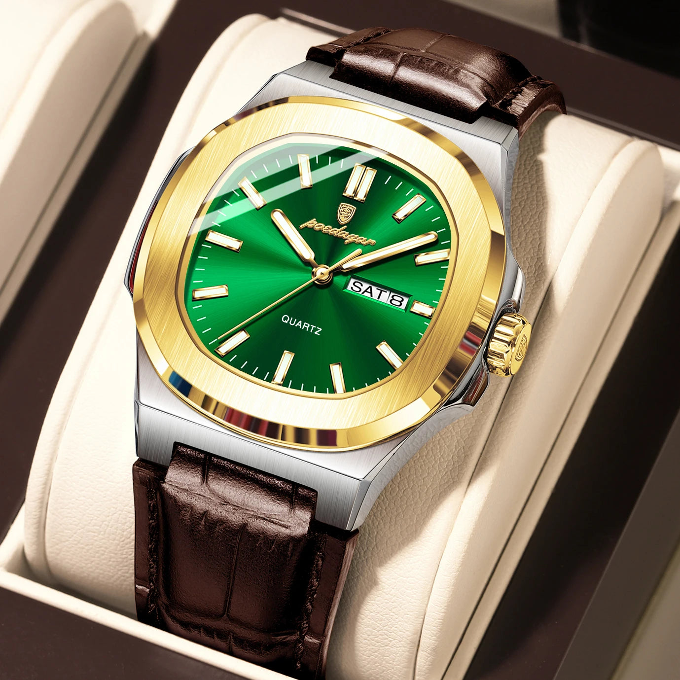 POEDAGAR Square Wristwatch For Men Luminous Waterproof Week Calendar Luxury Man Clock Leather Quartz Fashion Men's Watches Reloj Beauty World Shop