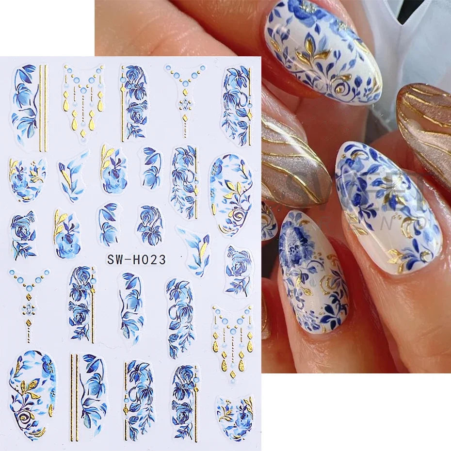 5pcs Metallic Gold Line Flower Nail Stickers 3D Bronzing Border Petals Sakura Leaf Nail Decals Slider DIY Elegant Manicure Decor Beauty World Shop