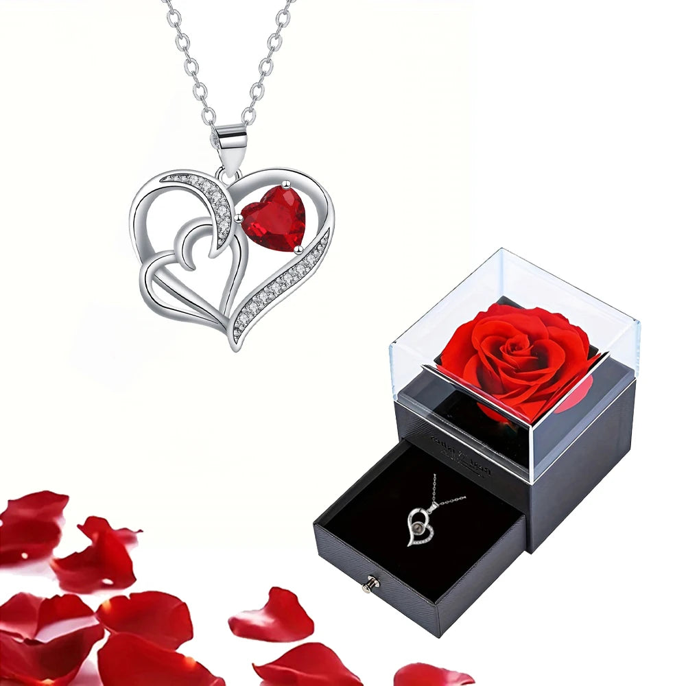 Luxury Red Zircon Pendant Necklaces With Rose Flower Gift Box For Girlfriend Women I Love You Gifts 2024 Trendy Wedding Jewelry Beauty World Shop