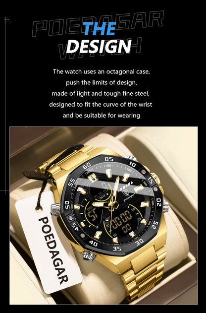 POEDAGAR Top Men Clock LED Luminous Waterproof Week Date Military Man Wristwatch Electronic Stainless Steel Quartz Men's Watches Beauty World Shop