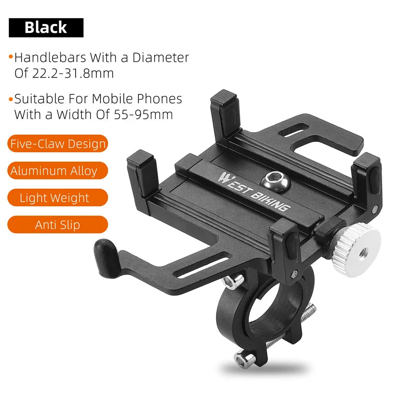 WEST BIKING Bicycle Mobile Phone Holder 360° Rotatable  Aluminum Alloy Phone Holder Five Claws Adjustable MTB Road Bike Bracket Beauty World Shop