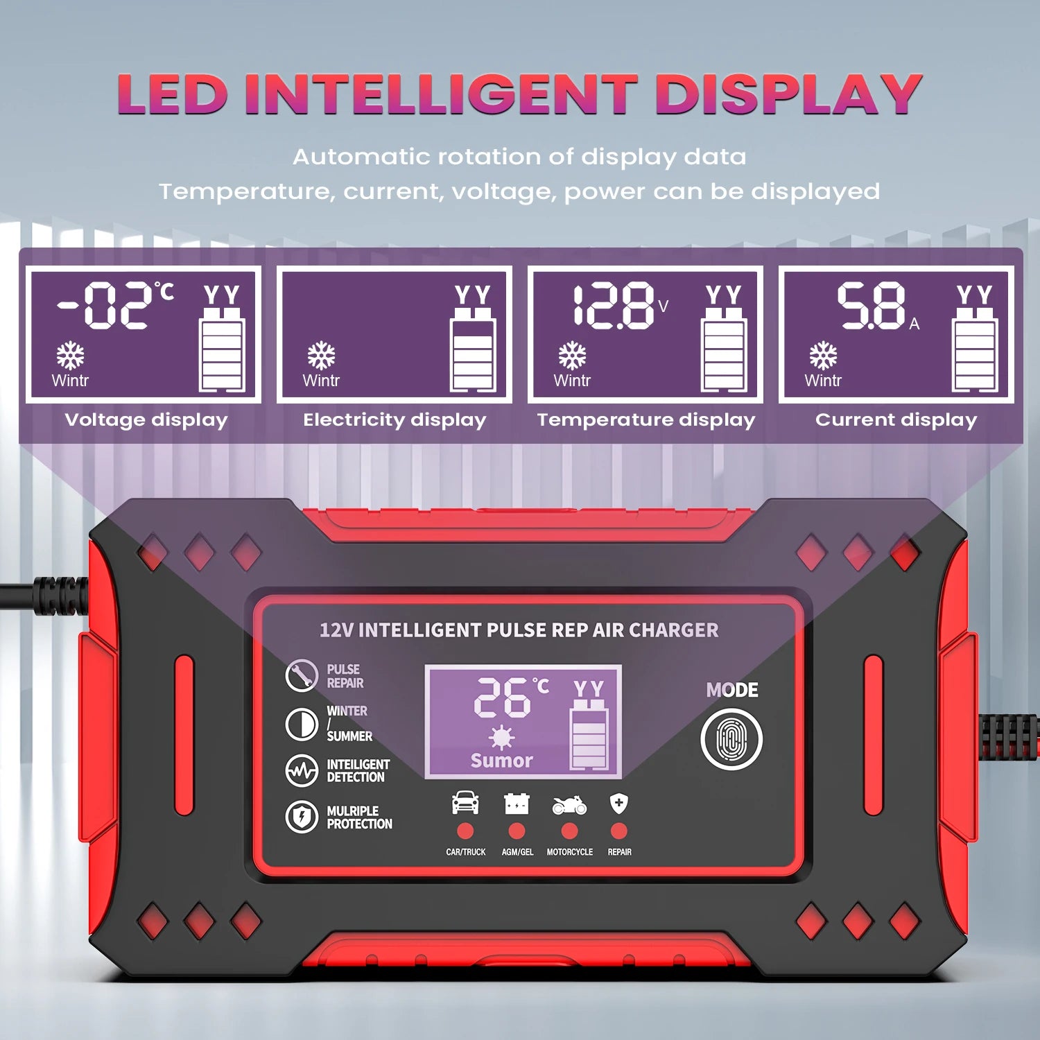 6A 12V Intelligent Car Battery Charger Car and Motorcycle Battery Charging Unit Lead-Acid Battery Repair LCD Display Beauty World Shop