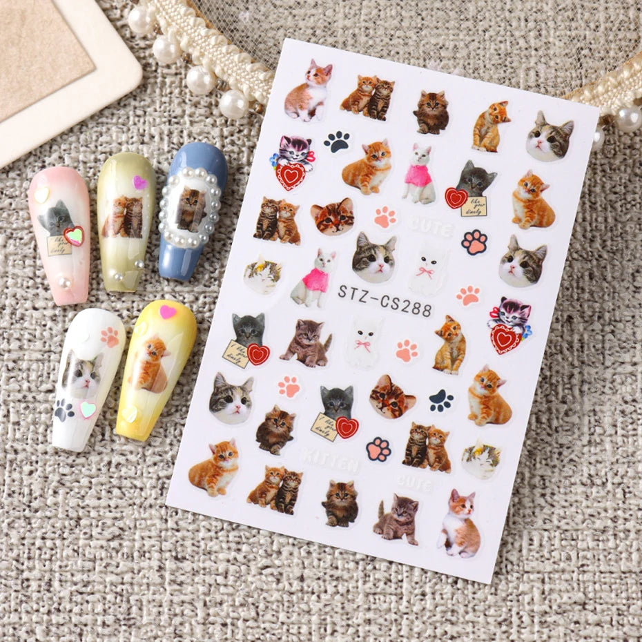 Lovely Dog Cat Animal Bunny 3D Korean Cartoon Scrawl Relief Self Adhesive Nail Art Stickers Cute Pretty Puppy Kitty Star Manicur Beauty World Shop