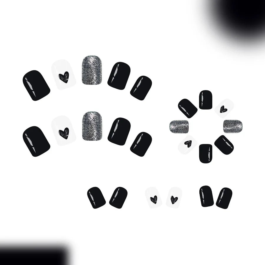Short Square Glossy Press On Nails 24Pcs Sweet Black Heart Glitter Ins Style For Women Beauty World Shop
