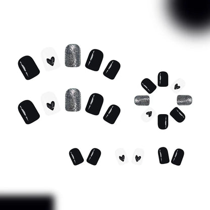 Short Square Glossy Press On Nails 24Pcs Sweet Black Heart Glitter Ins Style For Women Beauty World Shop