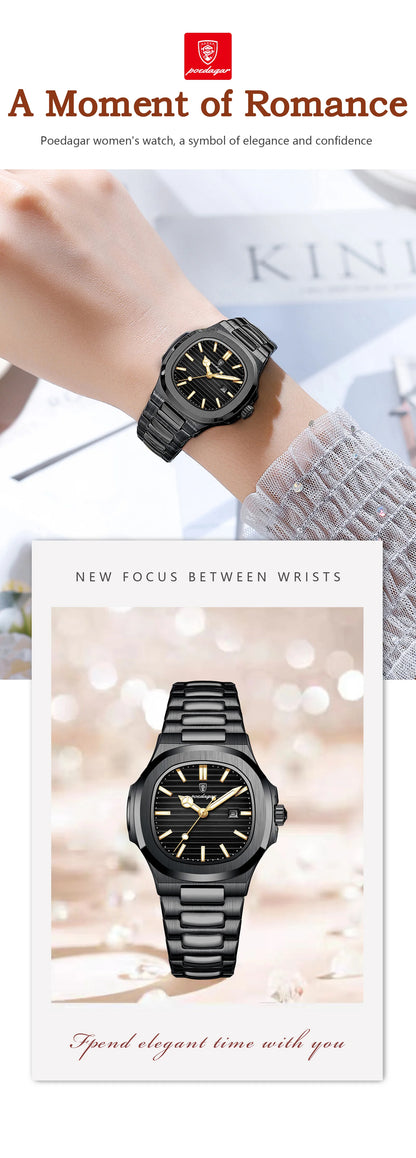 POEDAGAR Trendy Women’s Wristwatch Stainless Steel Date Quartz Ladies Watch Waterproof Luminous Original Watches For Woman Reloj Beauty World Shop