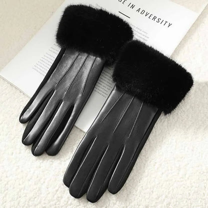 Winter Luxury Women's PU Leather Gloves Wrist Soft Faux Fur Trim Cuff Fashion Elegant Party Warm Touch Screen Drive Cycling Beauty World Shop