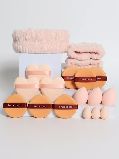 18 piece headband set. 1 hair band & 2 wrist bands & 3 make-up Sponges & 3 Mini Square Air Cushions & 3 triangular powder puff & Beauty World Shop