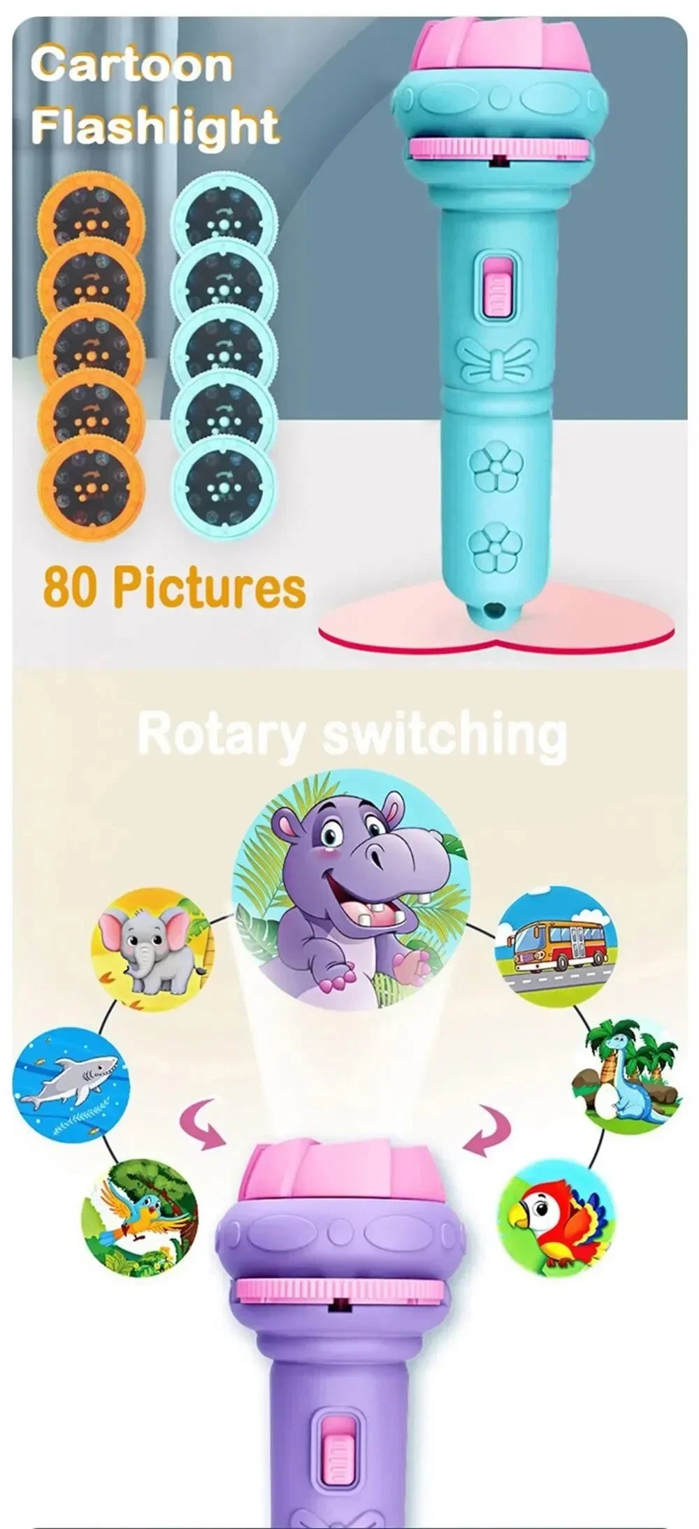 10 Cards Cartoon Projection Flashlight 80 Patterns Creative Children Flashlight Toy Projector Baby Toys Bedtime Story Book Toy Beauty Fashion